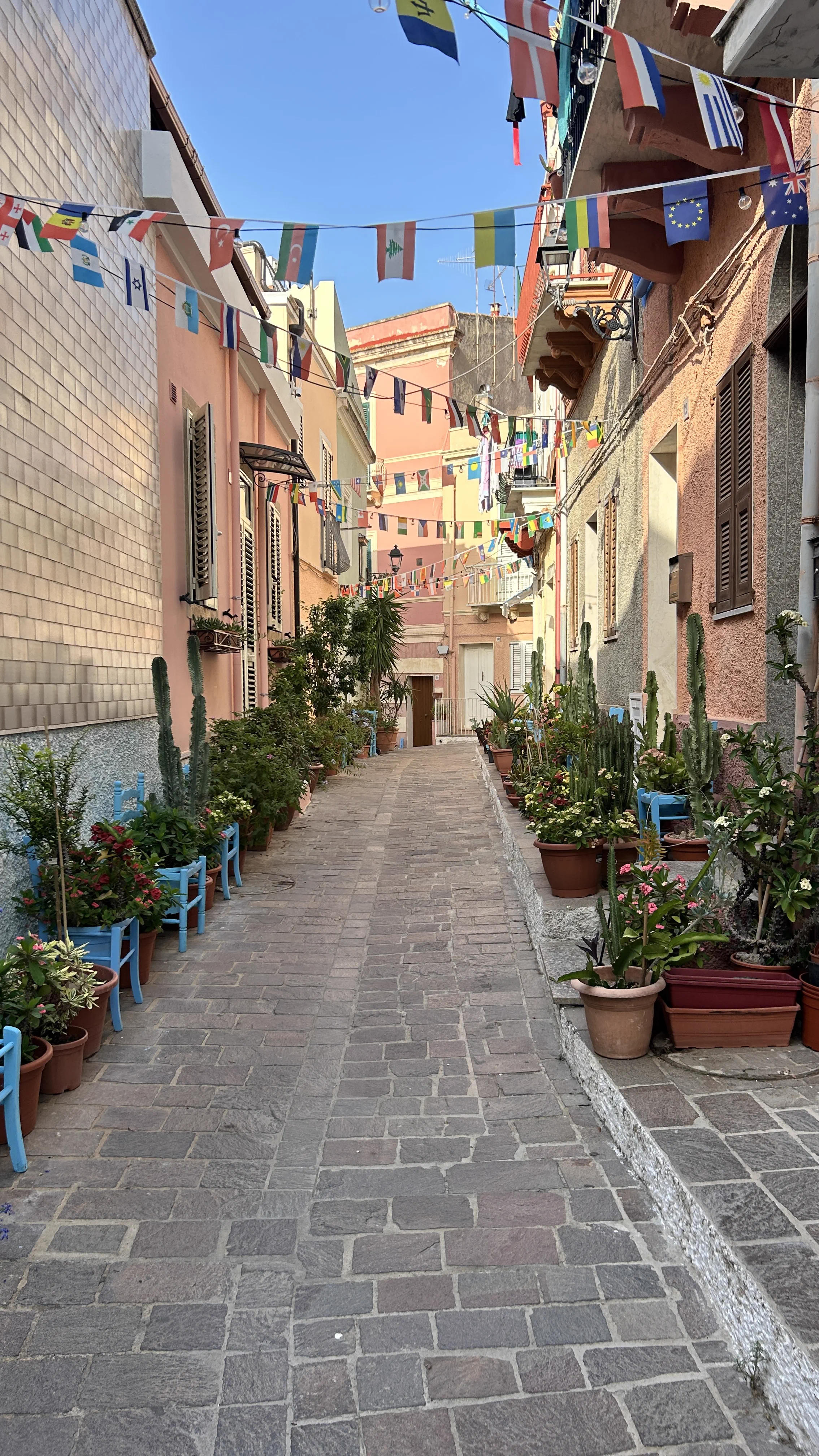 Bunte Gasse in Carloforte mit Wimpelketten, Kakteen und Blumentöpfen