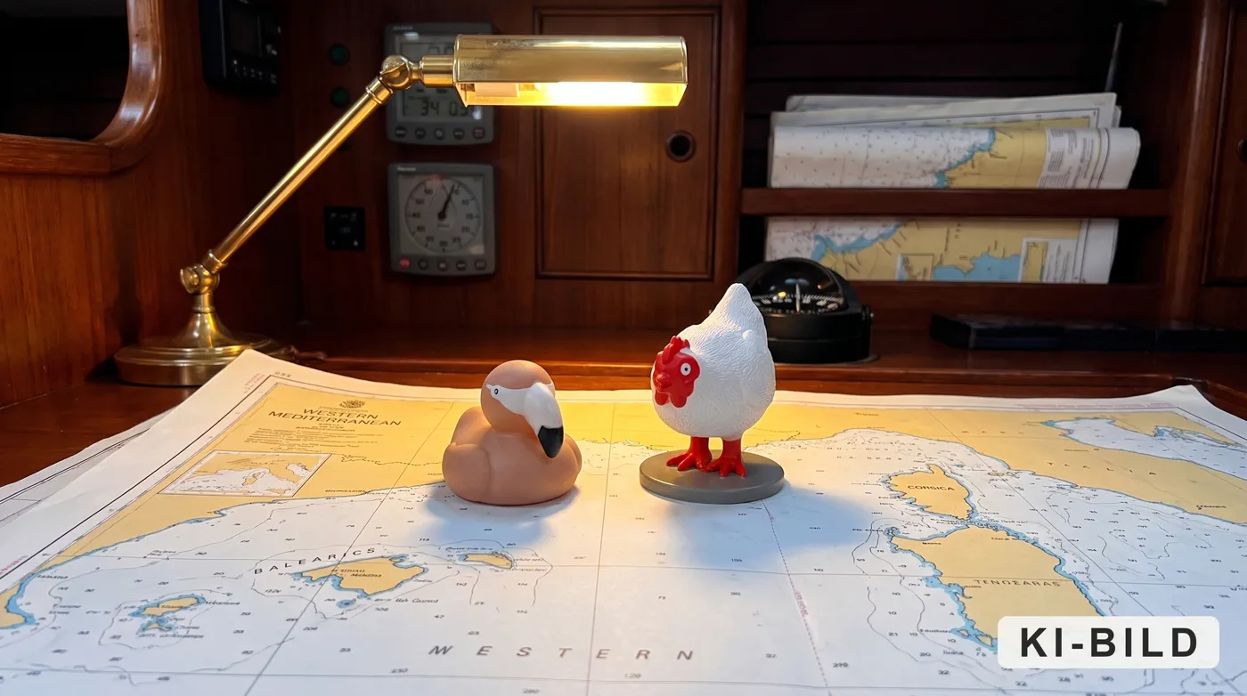Flami und Henriette auf der Seekarte am Kartentisch