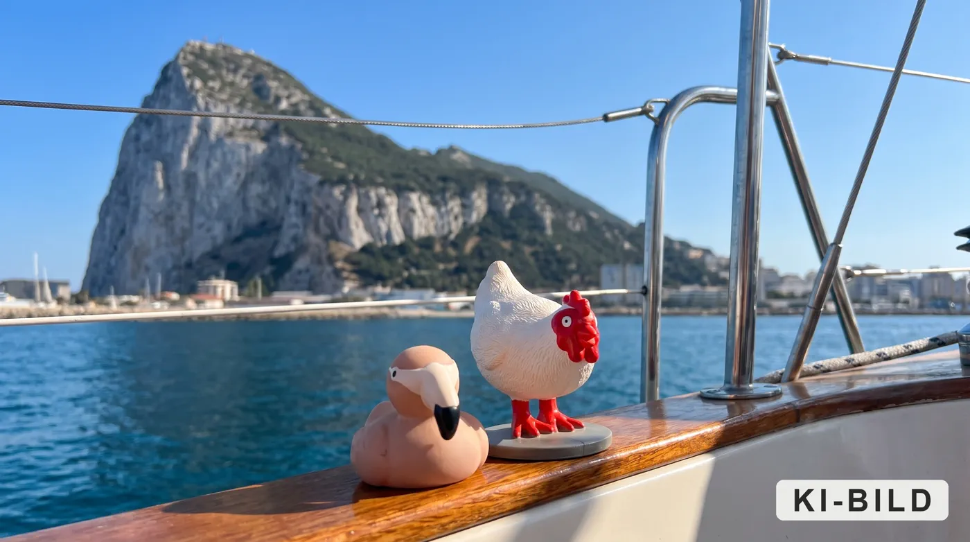 Flami und Henriette an der Reling vor dem Felsen von Gibraltar